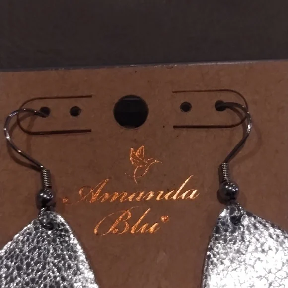 Silver Teardrop Dangle Earrings- Leather - Amanda Blue - Picture 4 of 8
